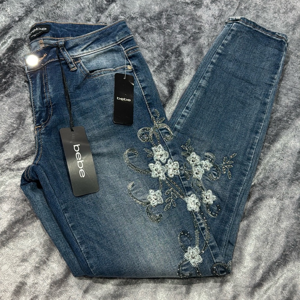 Bebe Blue Skinny Jeans with Distressed Details
